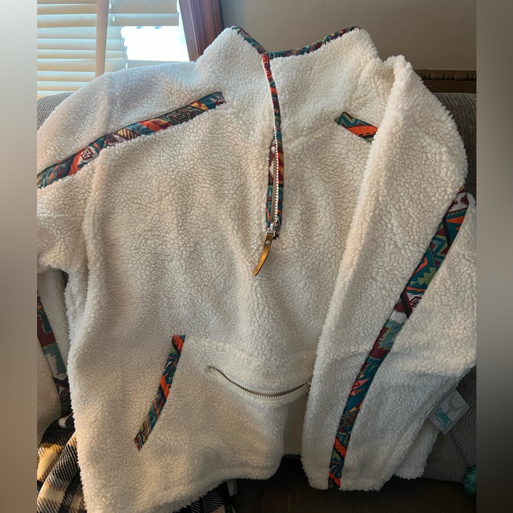 HOOEY SHERPA FLEECE NWT Womens XXL Cream White Aztec Trim 1/4 Zip Pullover